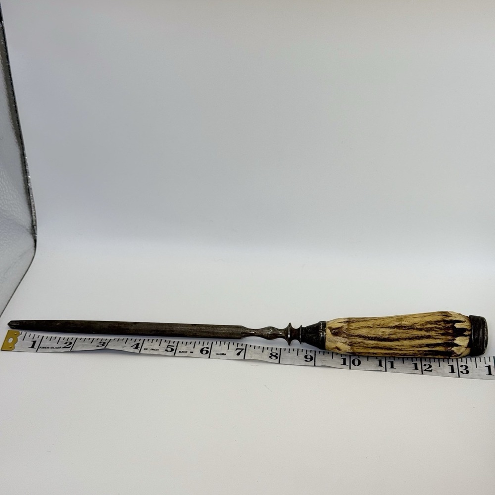 VTG Antique Stag Antler Handle Knife Sharpening Steel Honing Rod 13" Rustic Tool